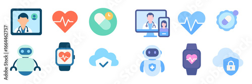 Digital Health and Telemedicine Icons, Minimalist flat design