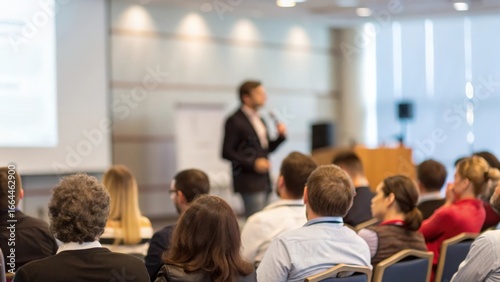 Male speaker delivering keynote at conference hall — audience focused on business and entrepreneurship, faces not recognizable