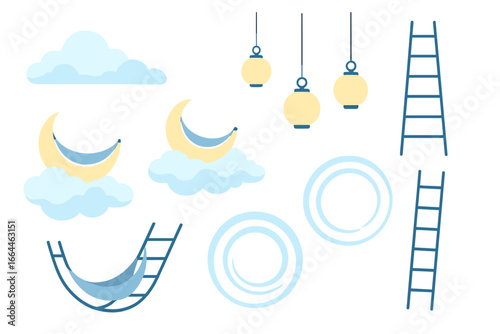 Night Sky Elements with Moon and Clouds, Minimalist flat design