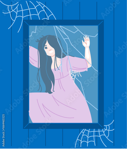 Creepy ghost girl escaping from broken window in haunted house
