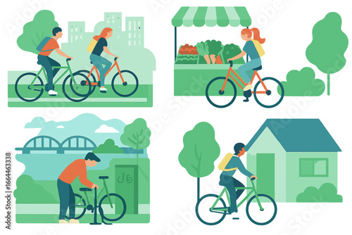 People cycling in city and park scenes, Minimalist flat design