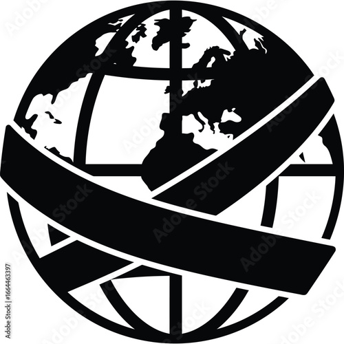 A black and white globe graphic with continents and a bold band wrapping around the sphere design image silhouette