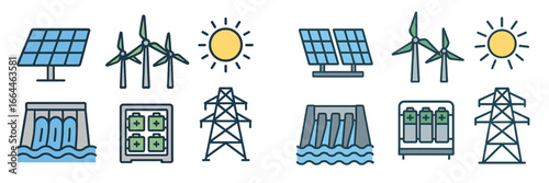 Renewable Energy Sources and Storage Icons, Minimalist flat design