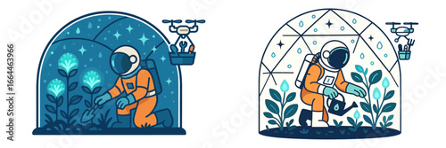 Astronauts cultivating plants in biodomes with drones