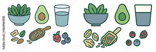 Assortment of Healthy Food Ingredients, Minimalist flat design