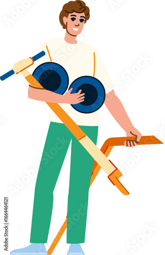 Young man assembling or repairing a foldable electric scooter