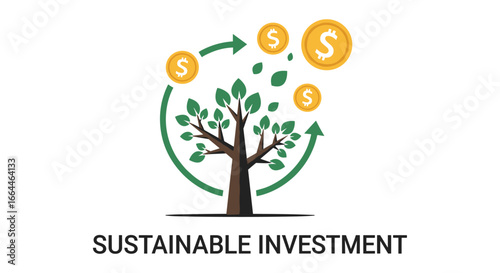 This insightful illustration beautifully depicts the concept of sustainable investment, linking financial growth with environmental responsibility and long-term value.