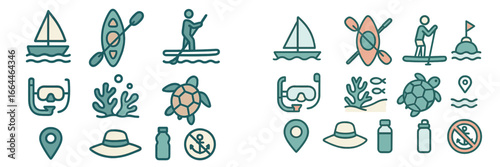 Ocean and Beach Vacation Activities Icons, Minimalist flat design