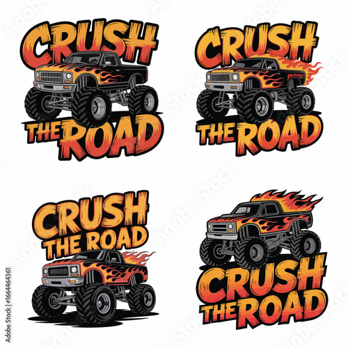 Monster trucks with flames and text off road fire