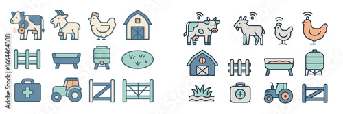 Farm Animals and Equipment Flat Icons, Minimalist flat design