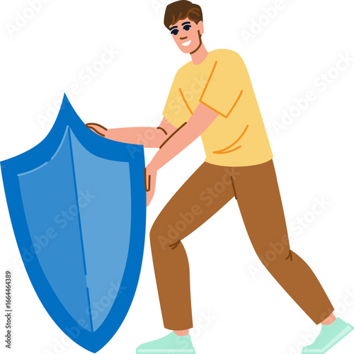 Smiling man holding a big blue shield protecting himself