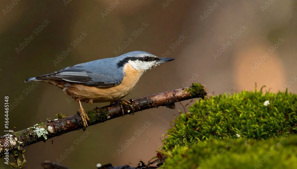 Fototapeta premium Nuthatch perched on a branch with moss.