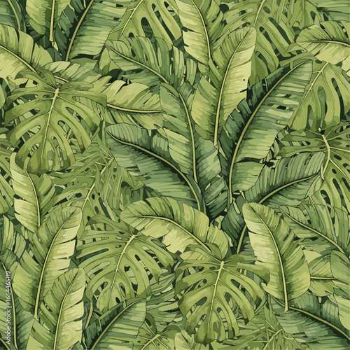 Seamless Pattern, Lush tropical foliage pattern featuring monstera and banana leaves design Stock royalty free