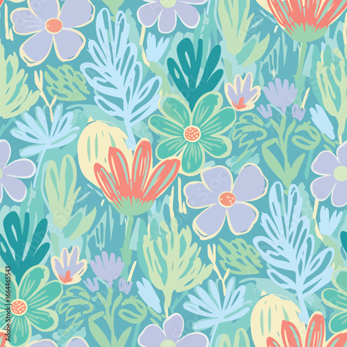 Seamless Pattern, Colorful floral pattern with hand drawn style flowers and leaves background Stock royalty free