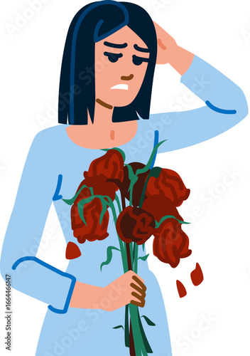 Sad woman holding wilting rose bouquet expressing grief and disappointment