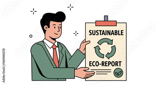 A smiling businessman presents a comprehensive sustainable eco-report, highlighting corporate responsibility and environmental protection strategies for a greener future.