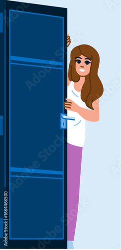 Smiling woman opening door at home or hotel room