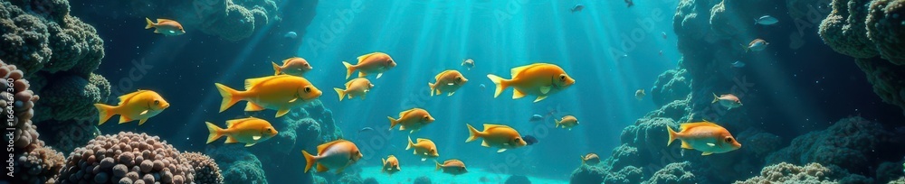 Naklejka premium Crystal clear water, vibrant fish school viewed from above, life, wildlife
