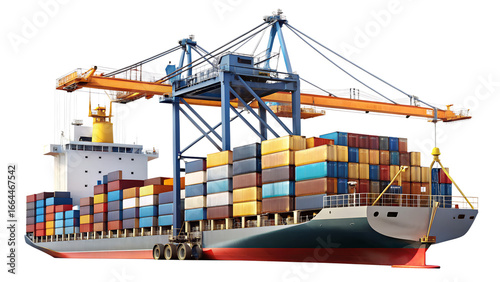 Container ship loaded with colorful containers isolated on transparent background, ready for global trade