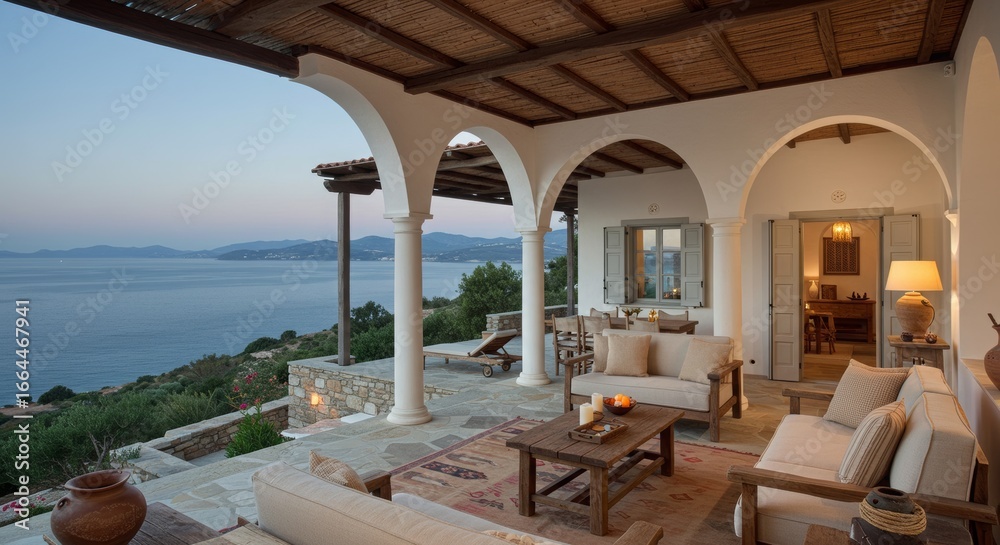 Fototapeta premium Mediterranean Villa Terrace with Arched Columns and Panoramic Sea View
