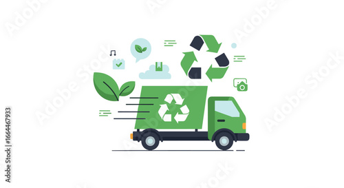 A dynamic green recycling truck icon represents efficient waste management, promoting environmental sustainability and responsible eco-friendly services.