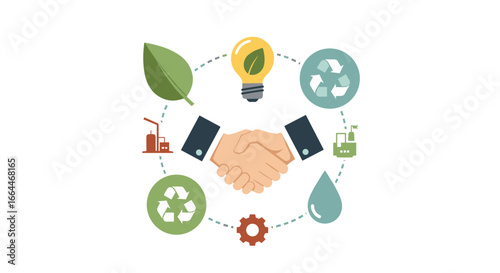 Symbolizing a vital agreement, this image showcases a handshake surrounded by icons of environmental protection, green energy, and sustainable industrial solutions.