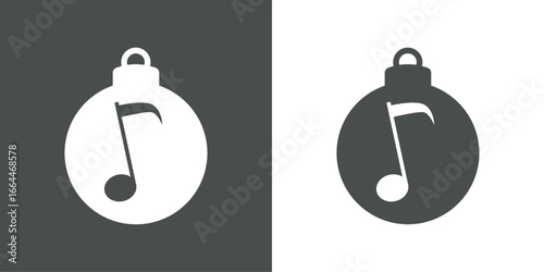 Música de Navidad. Logo con silueta de bola de navidad con nota musical para tarjetas y felicitaciones