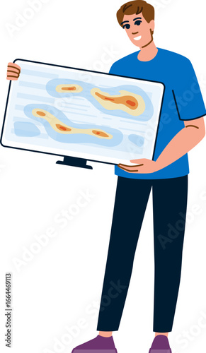 Meteorologist holding monitor showing weather forecast map