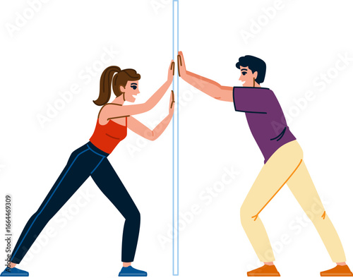Man and woman pushing against a wall, overcoming obstacles together