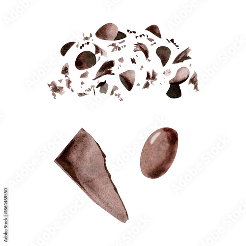 Dark or milk chocolate chips shavings broken piece, ice cream topping, dragee bonbon candy. Isolated illustration hand drawn in watercolor. Dessert label, frozen snack topping decor, cafe signage.