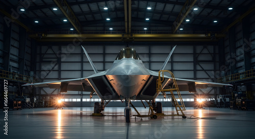 A f22 raptor fighter jet sits in a hangar, ready for maintenance and upgrades, showcasing its advanced technology and powerful design for air superiority