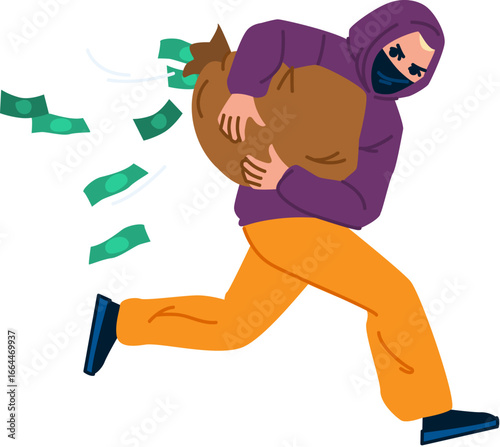 Thief running with bag of money losing cash