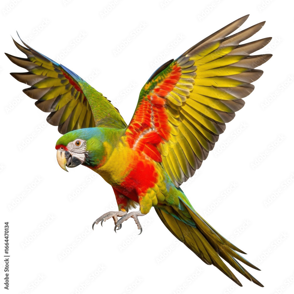 Fototapeta premium Colorful macaw parrot flying with wings spread isolated on transparent background