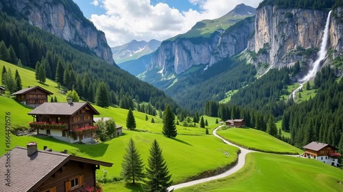 Soaring 4K aerial drone footage captures Lauterbrunnen's breathtaking valley of waterfalls, lush meadows, and charming Swiss chalets nestled among dramatic cliffs.