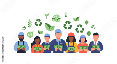 Diverse individuals hold money, symbolizing the financial benefits and economic growth achieved through sustainable, eco-friendly business and green investments.