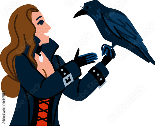 Fortune teller holding raven, predicting future using magic