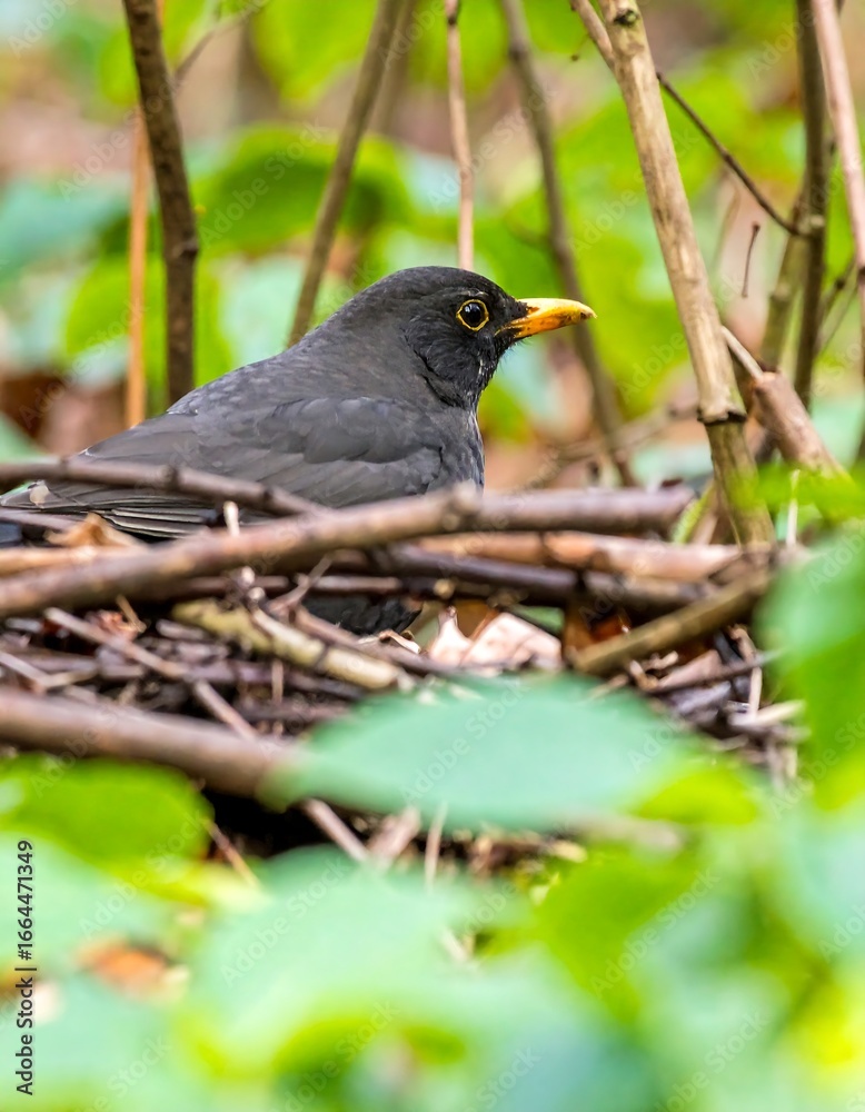 Fototapeta premium A blackbird nestled in a leafy nest