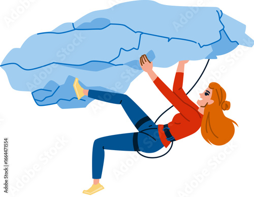 Female climber ascending challenging rock face with rope and harness