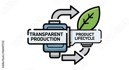 This modern graphic illustrates the vital concept of transparent production seamlessly integrated into a sustainable product lifecycle, emphasizing environmental responsibility.