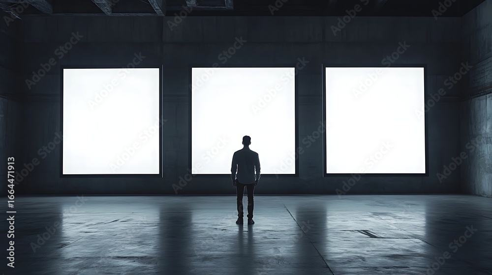 Obraz premium Man standing alone in front of three bright white screens in a dark room