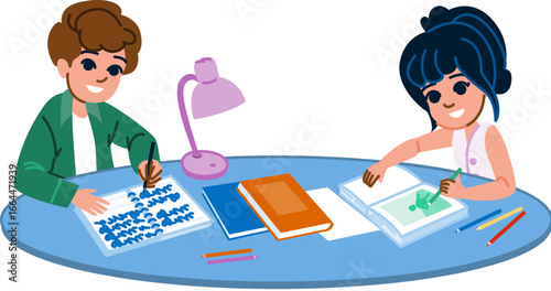 Boy and girl doing homework and writing, studying together at home