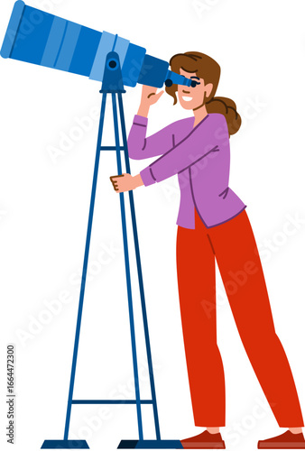 Woman astronomer exploring space using telescope on tripod