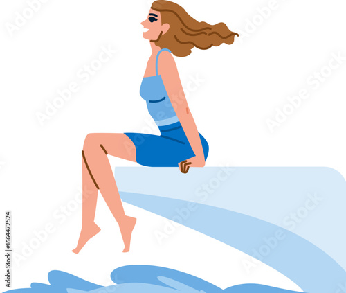 Woman relaxing on diving board over water enjoying summer vacation