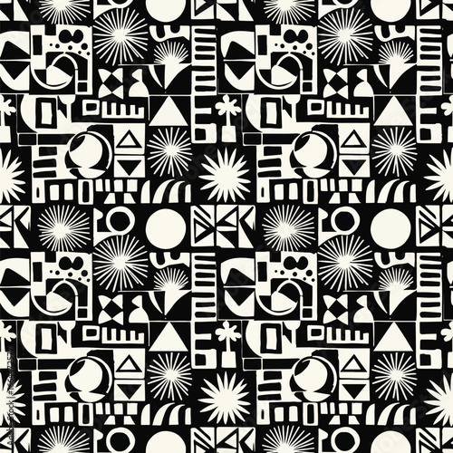 Seamless Pattern, Bold abstract geometric pattern with black and white shapes artfully arranged Stock royalty free image.