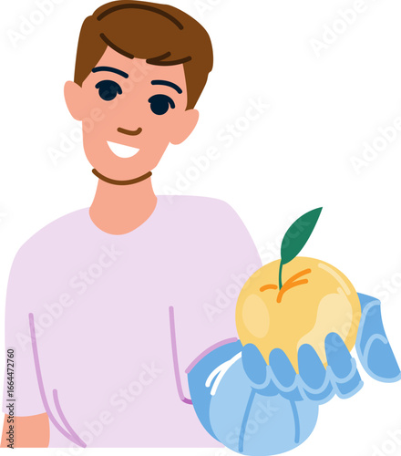 Young farmer holding apple, promoting healthy eating and local produce