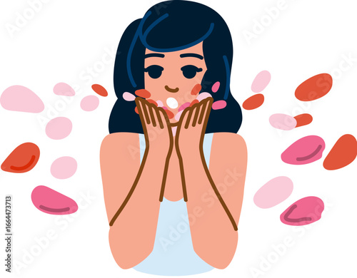 Woman applying moisturizer cream and petals falling on face