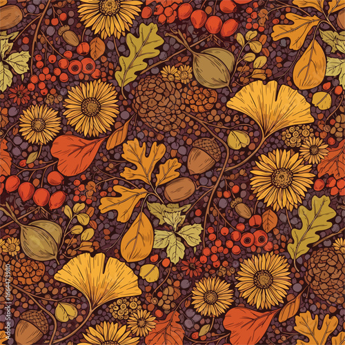 Seamless Pattern, Autumnal floral pattern with leaves, berries, acorns, and sunflowers design Stock royalty free image.