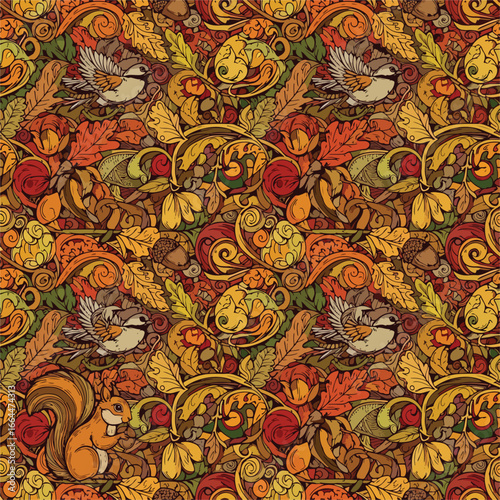 Seamless Pattern, Autumnal abundance seamless pattern with squirrel, bird, leaves and acorns Stock royalty free image.