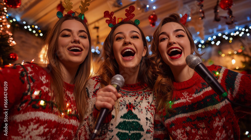 Three women sing karaoke wearing christmas sweaters and reindeer antlers indoors
