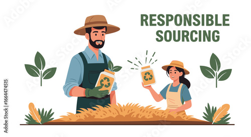 A father and child demonstrate responsible sourcing and sustainable agricultural practices, highlighting environmental consciousness and ethical production methods.